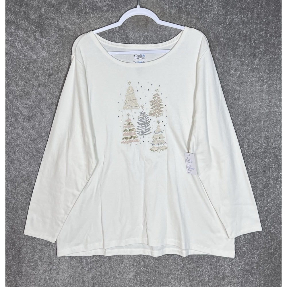Croft & Barrow The Classic Tee Top Womens Sz 2X Cream Christmas Tree Winter New